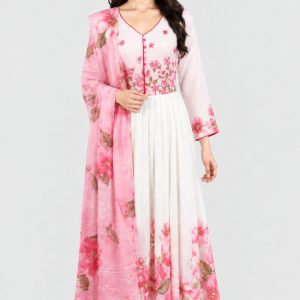 White Pink Organza Anarkali Kurta Set